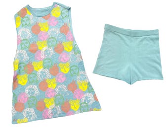 Brenda Knit Two-Piece Set- Light Blue Floral | Retro Knit 60&#39;s midi dress with shorts