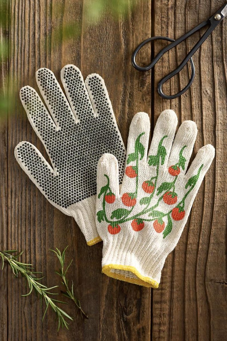 May include: A pair of gardening gloves with a white base and a yellow cuff. One glove has a black dotted pattern, the other has a tomato vine design with red tomatoes and green vines. A pair of black scissors is in the background.