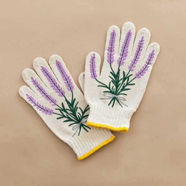 Lavender Gardening Gloves | Purple Floral Screen Printed Cotton | Gift for Gardener | Bee Friendly Garden