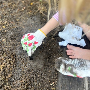 Puede incluir: Un ni&ntilde;o con guantes de jardiner&iacute;a blancos con estampado de fresas est&aacute; plantando en un jard&iacute;n. El ni&ntilde;o lleva una camisa a rayas rosa y blancas y tiene el pelo rubio. El pie descalzo del ni&ntilde;o es visible en la imagen.