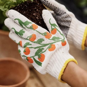 May include: White gardening gloves with a green vine and orange fruit design. The gloves have yellow trim and a black dotted pattern on the palm. The gloves are holding a plant with soil.
