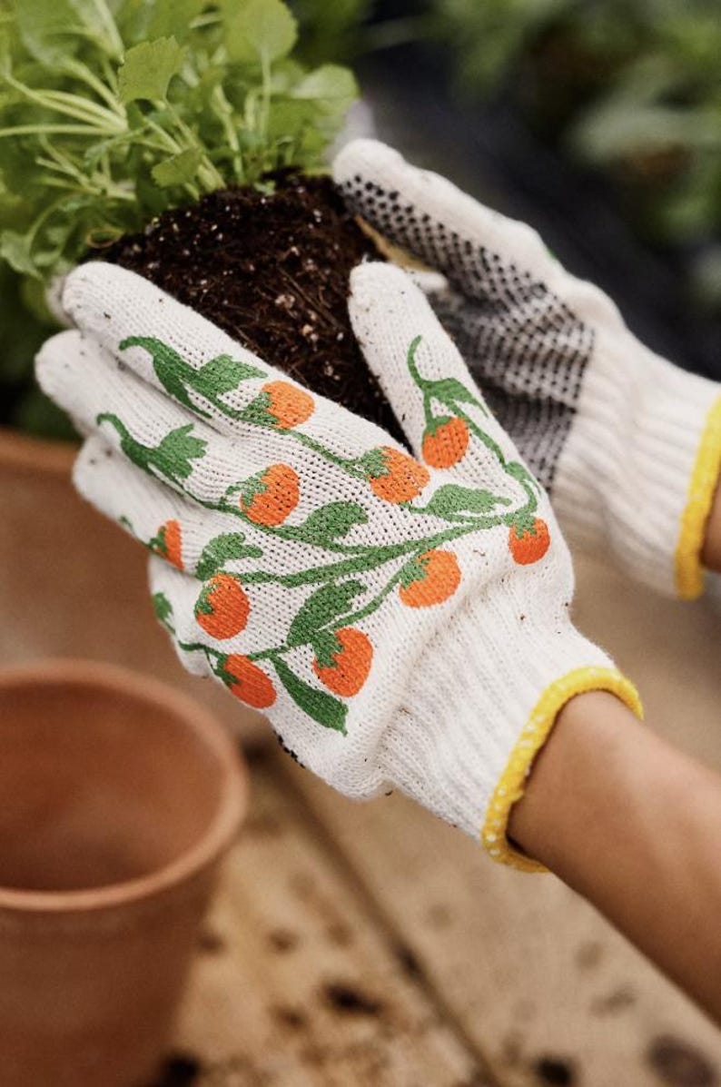 May include: White gardening gloves with a green vine and orange fruit design. The gloves have yellow trim and a black dotted pattern on the palm. The gloves are holding a plant with soil.