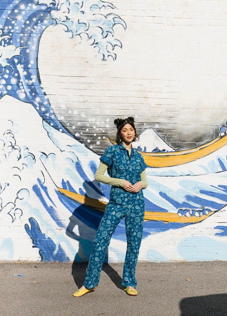 Blue Floral Jumpsuit Printed jumpsuit Boiler-suit Romper Batik image 5