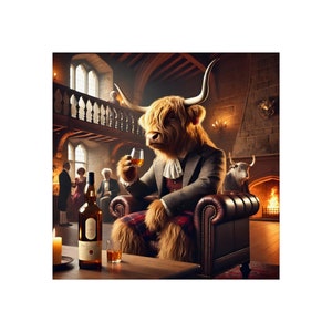 Scottish Highland Cow Wall Art - Hamish having a wee dram - Highland Cow drinking whisky