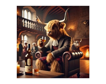 May include: A Highland cow wearing a suit and kilt sits in a leather armchair, holding a glass of whiskey. A bottle of whiskey sits on a table in front of the cow. The scene is set in a grand, old castle.