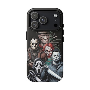 May include: Black phone case featuring a horror movie character design. The case showcases a group of iconic villains, including Freddy Krueger, Jason Voorhees, Chucky, Michael Myers, and Ghostface. The design is a colorful illustration on a black background.