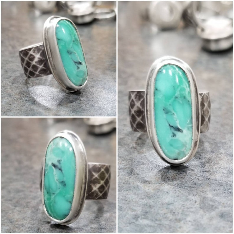 Nevada Variscite and Sterling Silver Ring size 9 12 Antiqued diamond band. Wide band