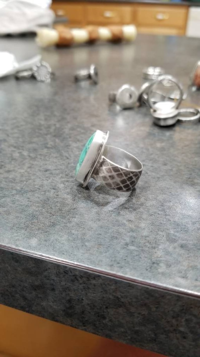 Nevada Variscite and Sterling Silver Ring size 9 12 Antiqued diamond band. Wide band