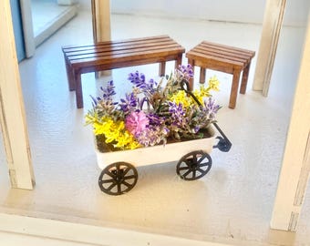 Dollhouse Miniature Flower Wagon – 1:12 Scale Painted Metal Garden Cart