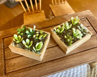 Miniature Raised Garden Bed l 1:12 Scale Dollhouse Crate l Faux Plants, Dirt