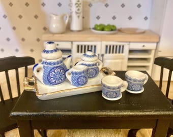 Miniature Tea Set , 10PC Blue and White Ceramic, 1:12 Scale Dollhouse Decor