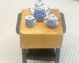 Miniature Tea Set, 5 PC Blue & White Ceramic, 1:12 Scale Dollhouse Decor