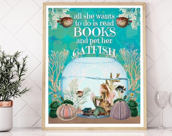 Mermaid Book Lover Poster - Funny Mermaid Artwork, Nautical Poster for Bookish Friend, Gift for Girlfriend, Books & Cats, Coastal Home Decor