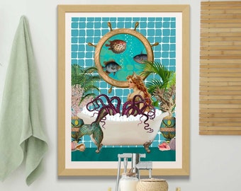 Vintage Mermaid Wall Art Print - Cottagecore Nautical Poster, Funny Bathroom, Lake House Decor, Trendy Coastal, Beachy Ocean Sea Girly