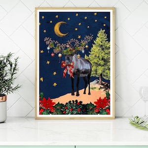 Christmas Reindeer Wall Art - Dark Cottagecore Christmas, Dark Academia, Retro Vintage Poster, Moody Night Moon, Unique Nature Print