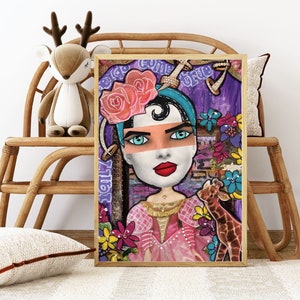 May include: A colorful mixed media painting of a woman with a blue turban, pink dress, and a pink rose crown. The background is purple with flowers and the text "Big Come Girl" is visible. A giraffe is on the right side of the painting.