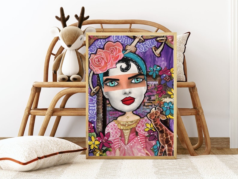 May include: A colorful mixed media painting of a woman with a blue turban, pink dress, and a pink rose crown. The background is purple with flowers and the text "Big Come Girl" is visible. A giraffe is on the right side of the painting.