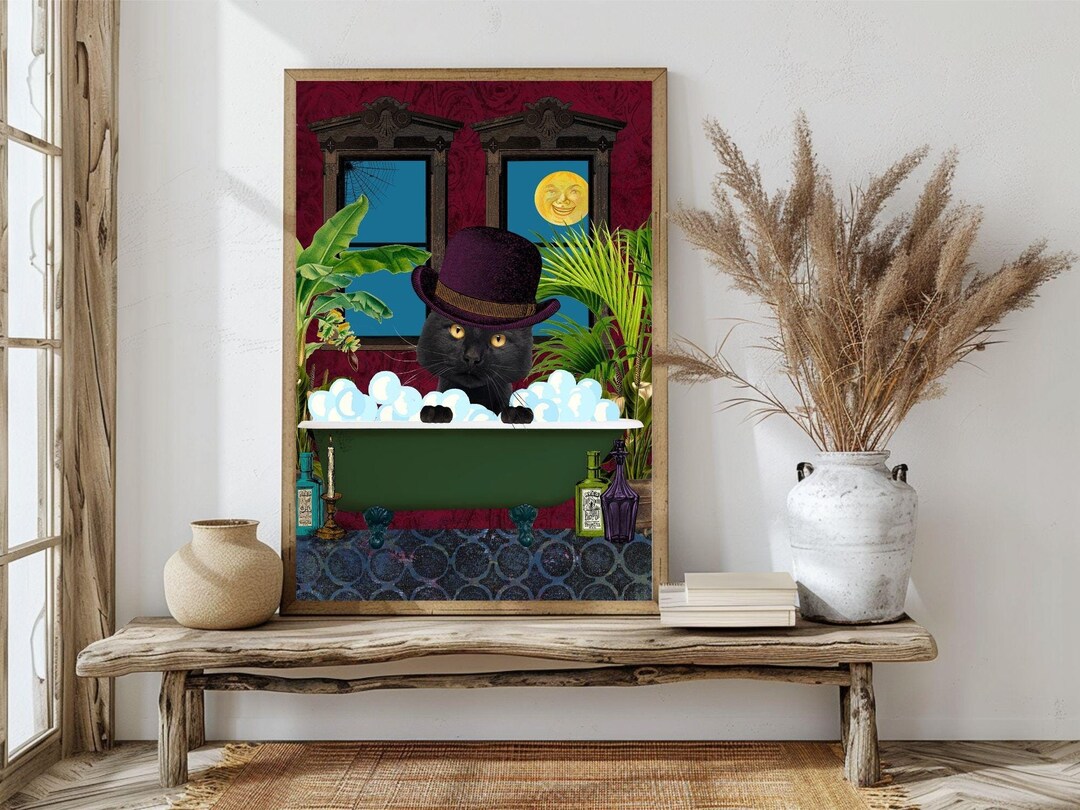 Goth Bathroom Black Cat - Funny Restroom Art Poster, Dark Halloween ...