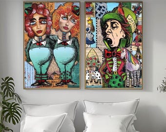 Alice In Wonderland Poster - Mad Hatter, Tweedle Dum and Tweedle Dee, Unique Art, Outsider Artwork, Pop Art, Gift For Book Lovers