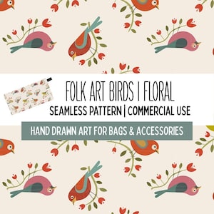 Scandinavian Bird Seamless Pattern for Bags, Folk Art Spring Accessory Surface Design, Commercial Use Digital File