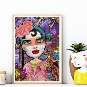 May include: A colorful digital painting of a woman with blue eyes and a pink dress. She has a large pink rose on her head and a giraffe beside her. The background is purple with text that reads "Let it come true".