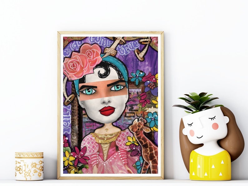 May include: A colorful digital painting of a woman with blue eyes and a pink dress. She has a large pink rose on her head and a giraffe beside her. The background is purple with text that reads "Let it come true".