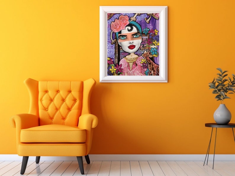 May include: A framed illustration of a woman with a pink flower crown and a purple background. She is wearing a pink dress and has a giraffe next to her. The illustration is surrounded by a white frame.