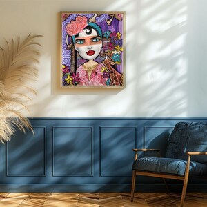 May include: A colorful digital painting of a woman with flowers in her hair and a giraffe beside her. The background is a purple and blue abstract design.