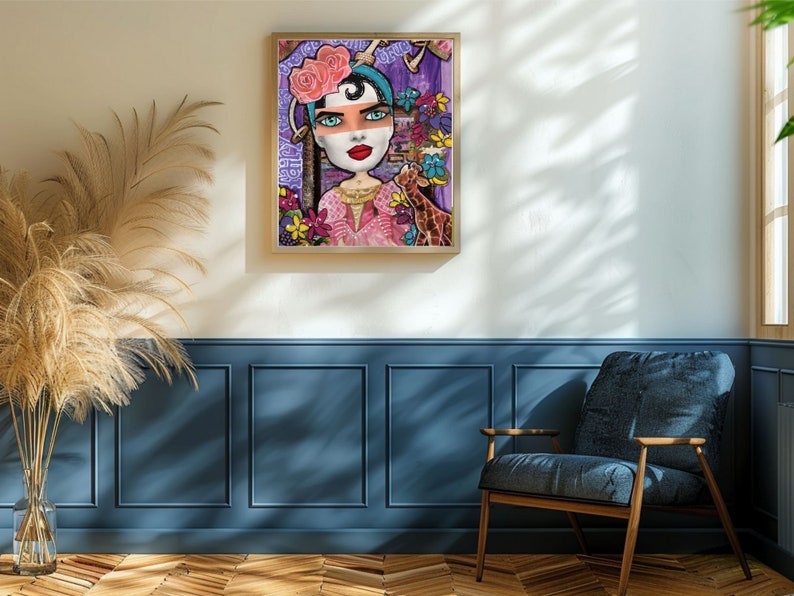 May include: A colorful digital painting of a woman with flowers in her hair and a giraffe beside her. The background is a purple and blue abstract design.