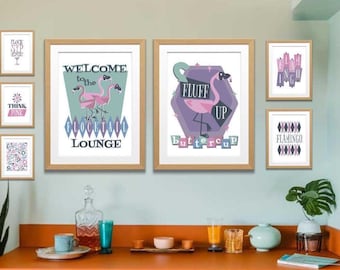 Mid Century Modern Flamingo Gallery Print Set – Retro Tiki Lounge (Digital Download)