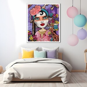 May include: A colorful digital painting of a woman with a flower crown, blue eyeshadow, and red lipstick. She is wearing a pink and white patterned dress and a necklace. A giraffe is standing next to her. The background is a purple and blue abstract design.