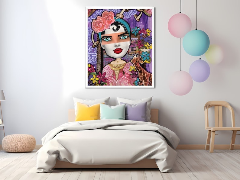May include: A colorful digital painting of a woman with a flower crown, blue eyeshadow, and red lipstick. She is wearing a pink and white patterned dress and a necklace. A giraffe is standing next to her. The background is a purple and blue abstract design.