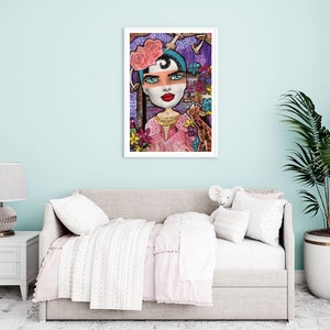 May include: A colorful painting of a woman with flowers in her hair and a giraffe. The woman is wearing a pink dress and has a white face with blue eyes and red lips. The background is purple and green.