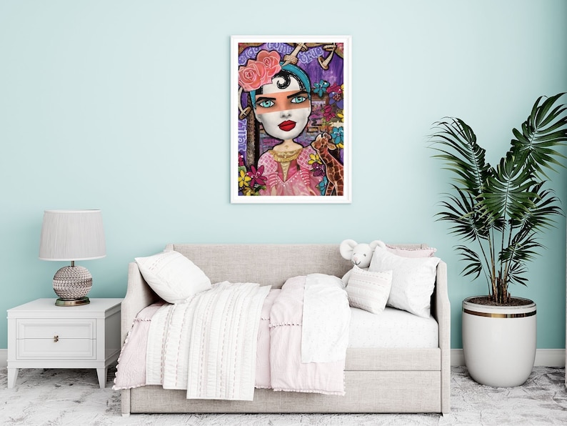 May include: A colorful painting of a woman with flowers in her hair and a giraffe. The woman is wearing a pink dress and has a white face with blue eyes and red lips. The background is purple and green.