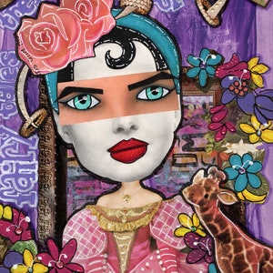 May include: A colorful mixed media artwork featuring a woman with a pink and white flower crown, turquoise headband, and a pink dress. The woman has blue eyes and red lips. The background is purple with gold accents and floral patterns. The artwork also includes a giraffe.