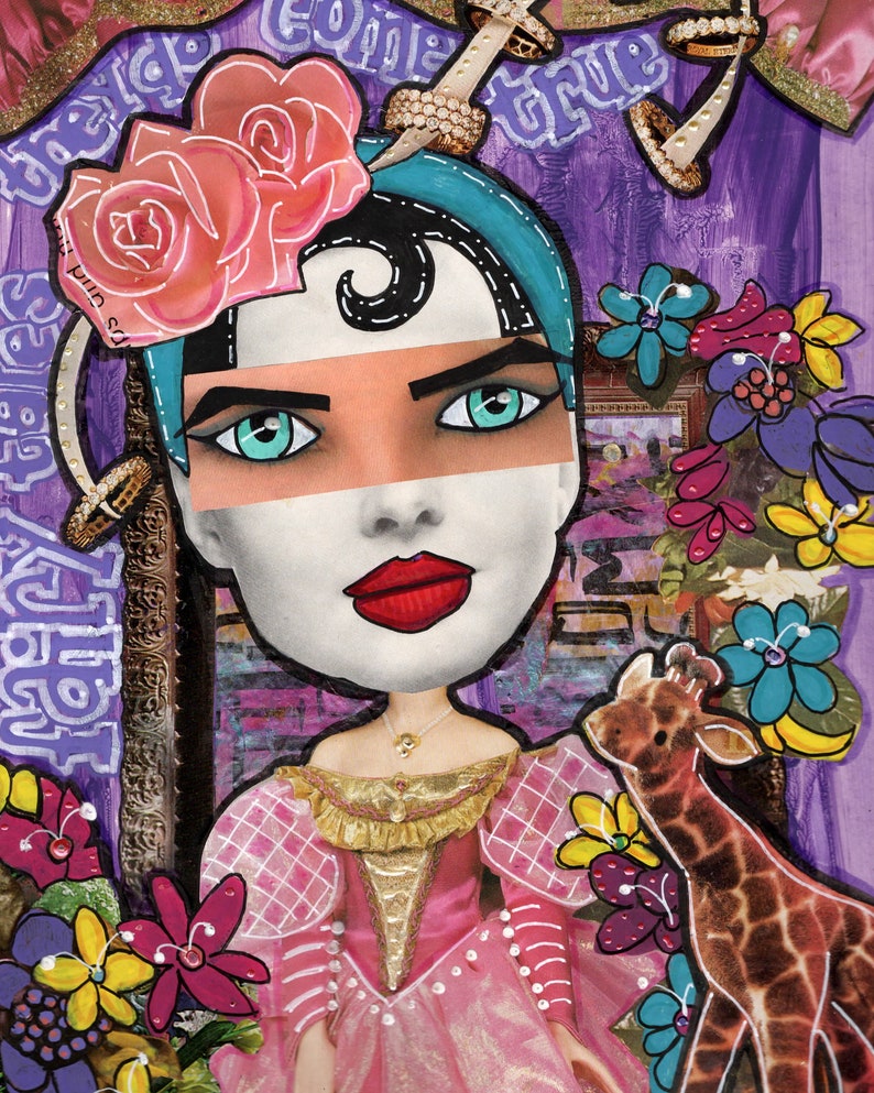 May include: A colorful mixed media artwork featuring a woman with a pink and white flower crown, turquoise headband, and a pink dress. The woman has blue eyes and red lips. The background is purple with gold accents and floral patterns. The artwork also includes a giraffe.