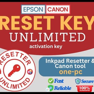 Op de afbeelding: Een rode en witte afbeelding met de woorden "RESET KEY UNLIMITED" in geel en wit. De afbeelding bevat ook de tekst "activation key", "Inkpad Resetter & Canon tool one-pc" en de logo's van Epson en Canon.