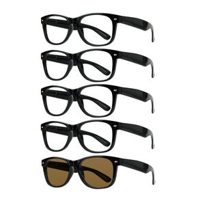 May include: A set of five pairs of glasses arranged vertically. Four pairs feature clear lenses with black frames, while the bottom pair features brown tinted lenses with matching black frames. Each pair has a classic rectangular shape.