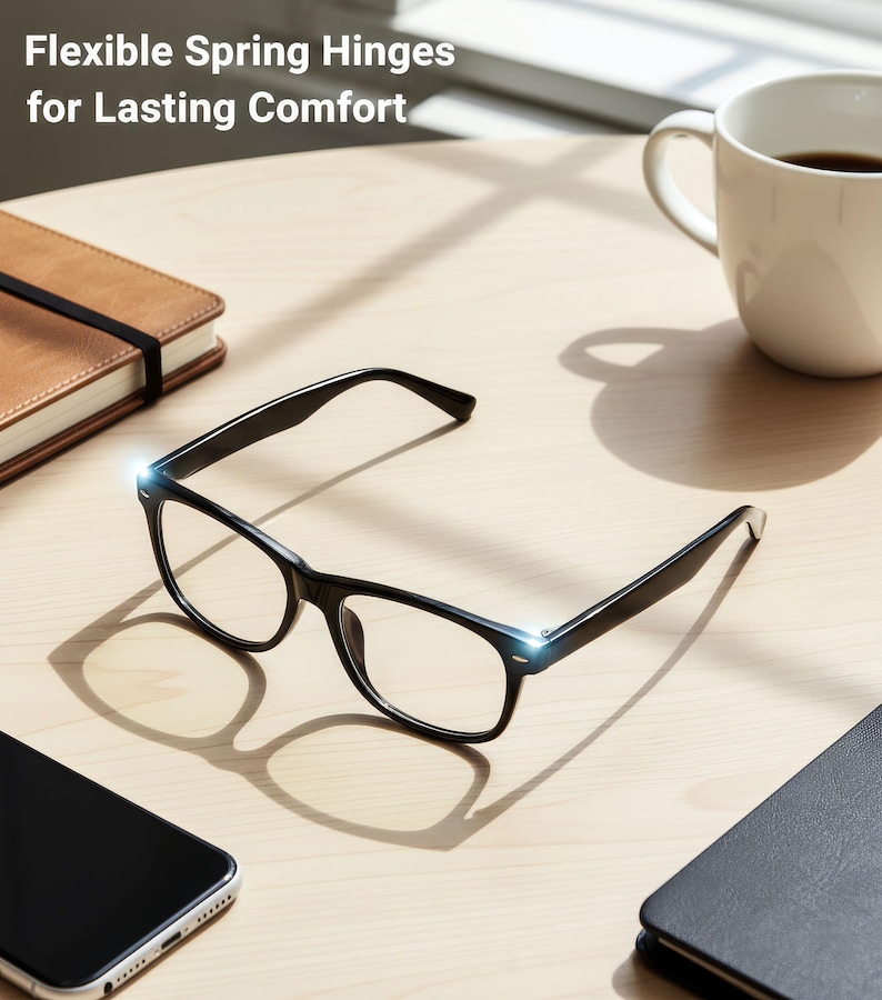 May include: Black-framed eyeglasses with clear lenses rest on a light-colored wooden surface. The glasses are next to a smartphone, a coffee mug, and a closed notebook. The text "Flexible Spring Hinges for Lasting Comfort" is at the top.