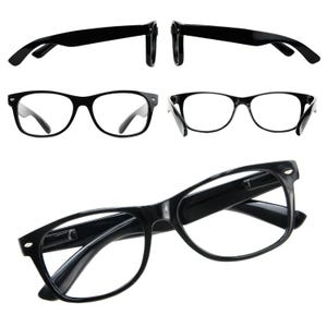 May include: Black-framed eyeglasses with a classic, rectangular shape. The image shows multiple views of the glasses, including the front, side, and top. The frames are glossy and appear to be made of plastic. The lenses are clear.
