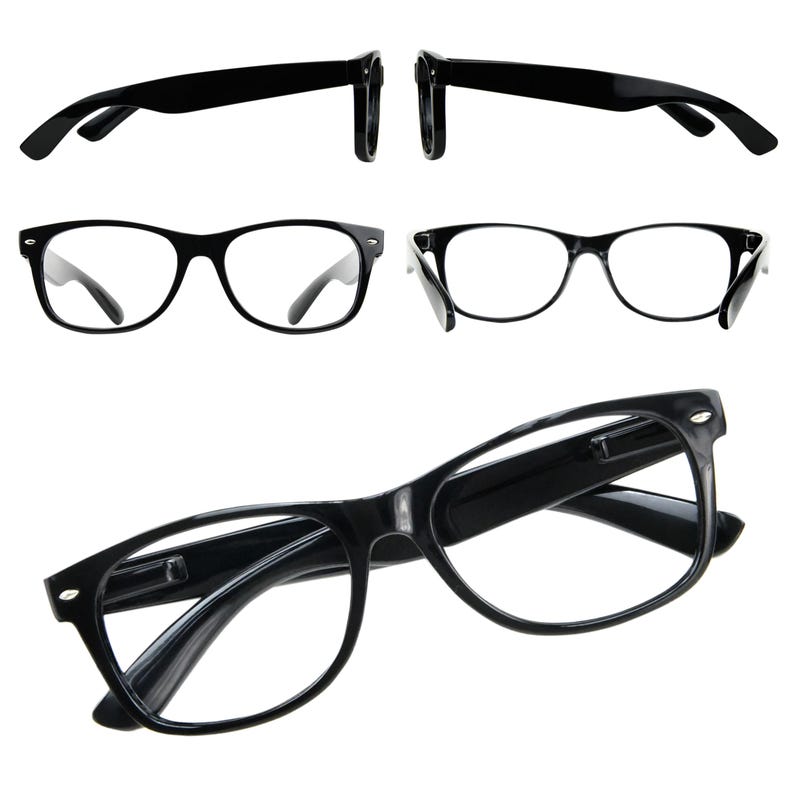 May include: Black-framed eyeglasses with a classic, rectangular shape. The image shows multiple views of the glasses, including the front, side, and top. The frames are glossy and appear to be made of plastic. The lenses are clear.