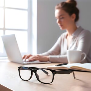 May include: Black-framed eyeglasses rest on a light-colored wooden desk. A person is working on a laptop in the background. A white mug, a notebook, and a pen are also on the desk. The scene is illuminated by natural light.