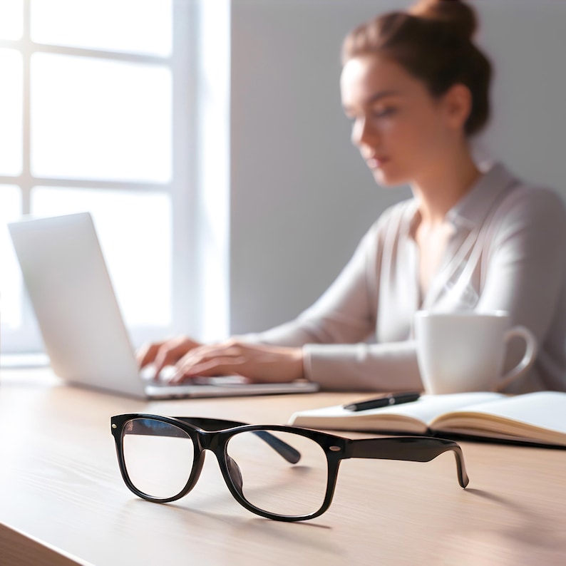 May include: Black-framed eyeglasses rest on a light-colored wooden desk. A person is working on a laptop in the background. A white mug, a notebook, and a pen are also on the desk. The scene is illuminated by natural light.