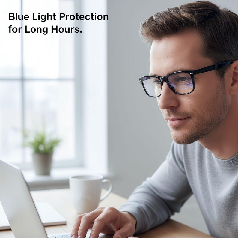 May include: A man wearing black-framed glasses with clear lenses, typing on a laptop. The text "Blue Light Protection for Long Hours" is displayed at the top of the image. The man is wearing a gray long-sleeve shirt.