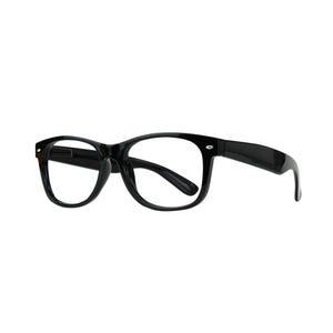May include: Black-framed eyeglasses with clear lenses. The glasses have a classic, rectangular shape with thick, solid black frames. The temples extend outward, and the lenses are empty.