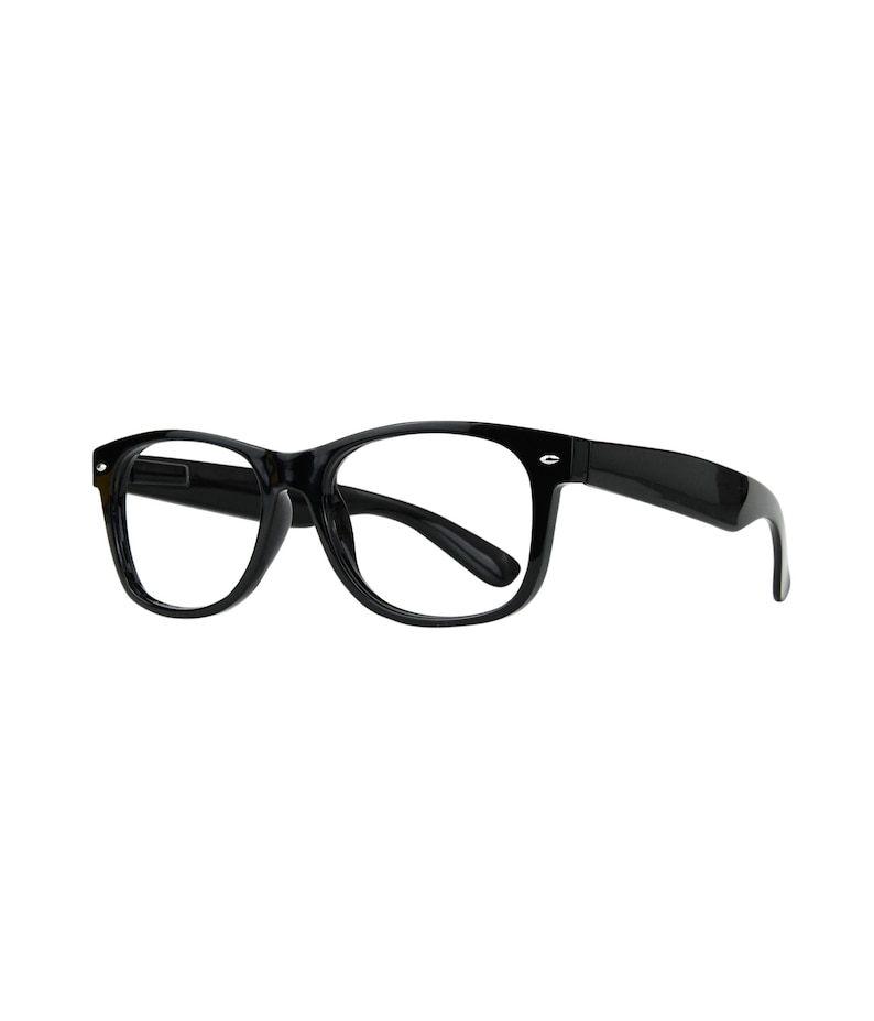 May include: Black-framed eyeglasses with clear lenses. The glasses have a classic, rectangular shape with thick, solid black frames. The temples extend outward, and the lenses are empty.