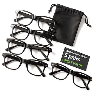 May include: Five pairs of black-framed reading glasses with a black drawstring pouch and a card that reads "TAYLOR Reading Glasses 5 pairs GREAT VALUE". The glasses have a classic, rectangular shape.