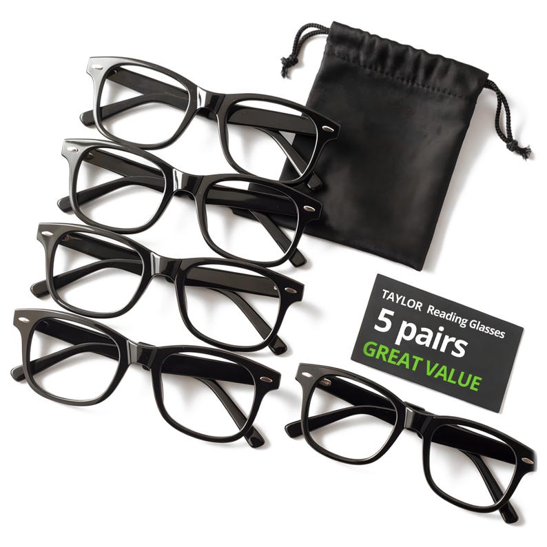 May include: Five pairs of black-framed reading glasses with a black drawstring pouch and a card that reads "TAYLOR Reading Glasses 5 pairs GREAT VALUE". The glasses have a classic, rectangular shape.