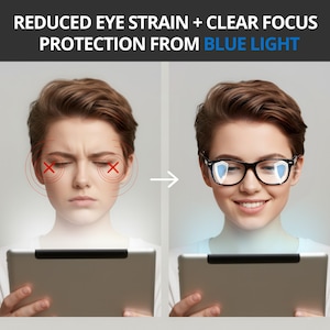 May include: Image shows a woman before and after wearing glasses. The text at the top reads: REDUCED EYE STRAIN + CLEAR FOCUS PROTECTION FROM BLUE LIGHT. The woman on the left has red circles and crosses over her eyes. The woman on the right is smiling and wearing glasses.