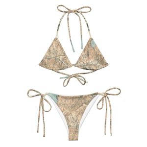 Vintage Switzerland Map String Bikini – Återvunnen baddräkt med knytband i sidan, tryck med schweizisk karta från 1930-talet, miljövänliga badkläder, justerbart bikiniset